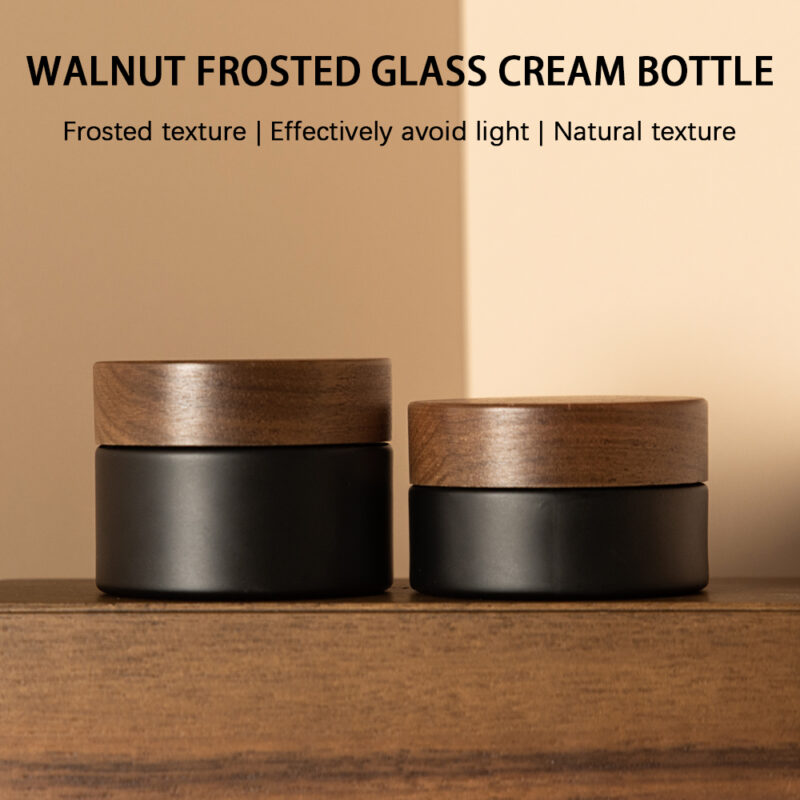 Mat Black 30ml-50ml Flat Glass Cream Jars With Wooden Screw Cap for Powder/Ointment Storage and Face Cream Use