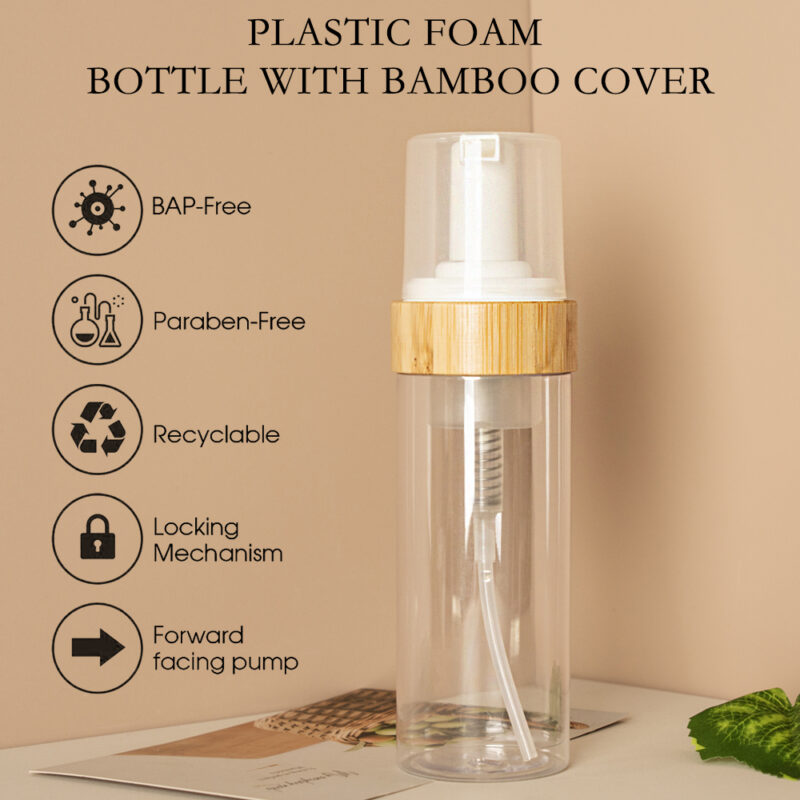 Stocked 150ml 5oz Plastic Foam Pump Bottle Dispenser Bamboo Ring Cylinder Shape Shampoo Cosmetics Facial Cleanser Packaging Box