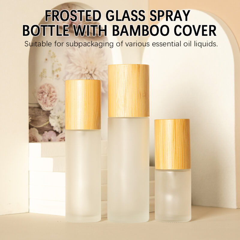 High Quality Frosted Glass Spray Bottle 30/60/100ml Bamboo Lid With Roll Cap & Fine Mist Screen Printed Surface in Stock