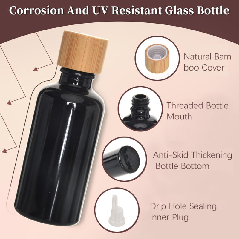 High Quality 50ml Flat Glass Essential Oil Bottle With Bamboo Lid and Wood Cap for Diffuser and Cream Multiple Sizes Available - Image 2