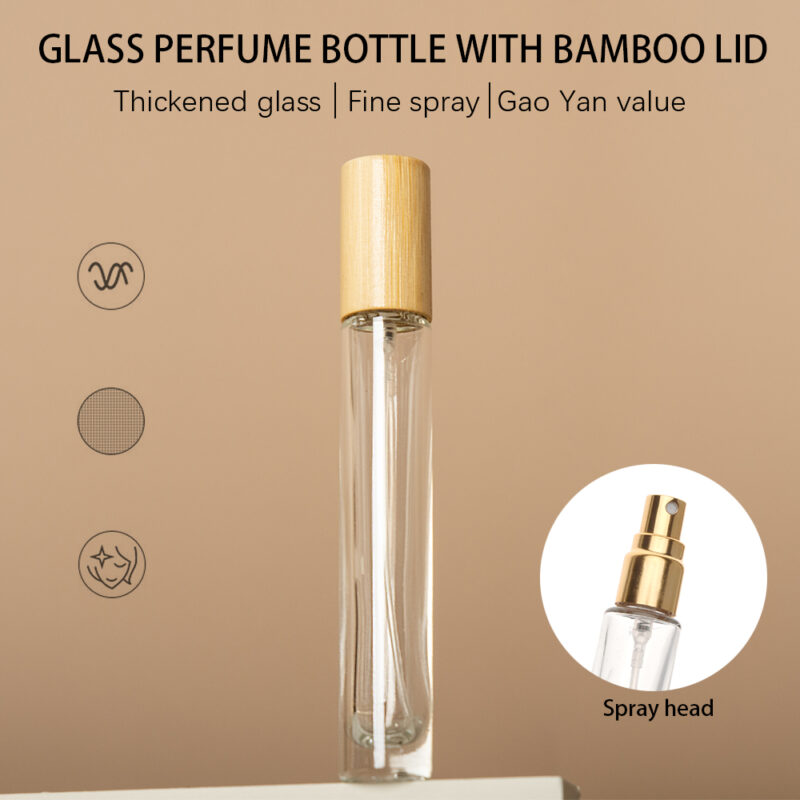 2025 Mini Portable 5ml 10ml Flat Glass Perfume Spray Bottle Gold Pump Head and Bamboo Lid Oil Diffuser and 2ml Capacity - Image 2