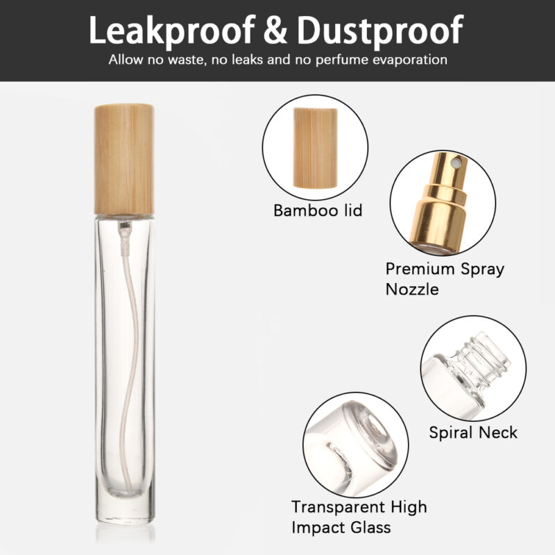 2025 Mini Portable 5ml 10ml Flat Glass Perfume Spray Bottle Gold Pump Head and Bamboo Lid Oil Diffuser and 2ml Capacity - Image 3
