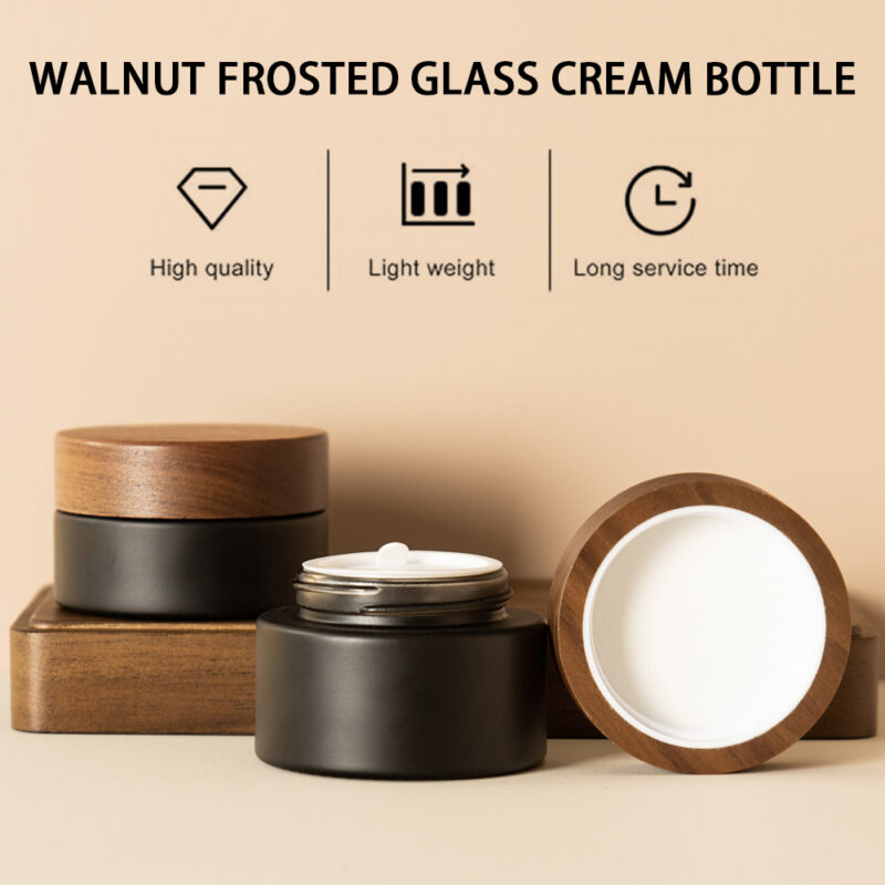 Mat Black 30ml-50ml Flat Glass Cream Jars With Wooden Screw Cap for Powder/Ointment Storage and Face Cream Use - Image 3