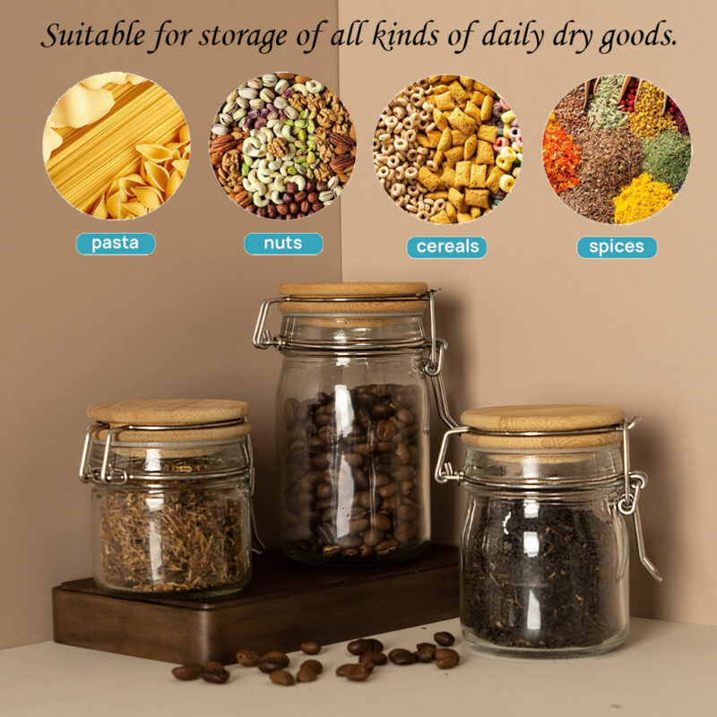 New Design Glass Sealed Jars With Bamboo Clip Lid Low MOQ 200ml Sustainable Storage Bottles for Honey Food Snacks - Image 3