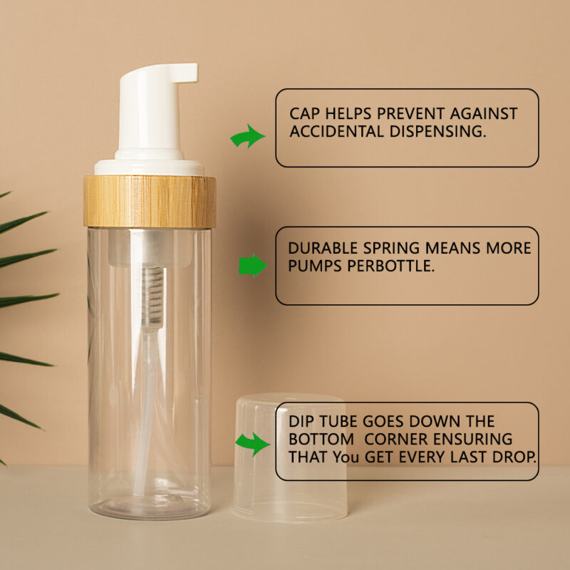 Stocked 150ml 5oz Plastic Foam Pump Bottle Dispenser Bamboo Ring Cylinder Shape Shampoo Cosmetics Facial Cleanser Packaging Box - Image 4