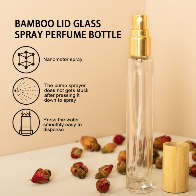 2025 Mini Portable 5ml 10ml Flat Glass Perfume Spray Bottle Gold Pump Head and Bamboo Lid Oil Diffuser and 2ml Capacity - Image 5