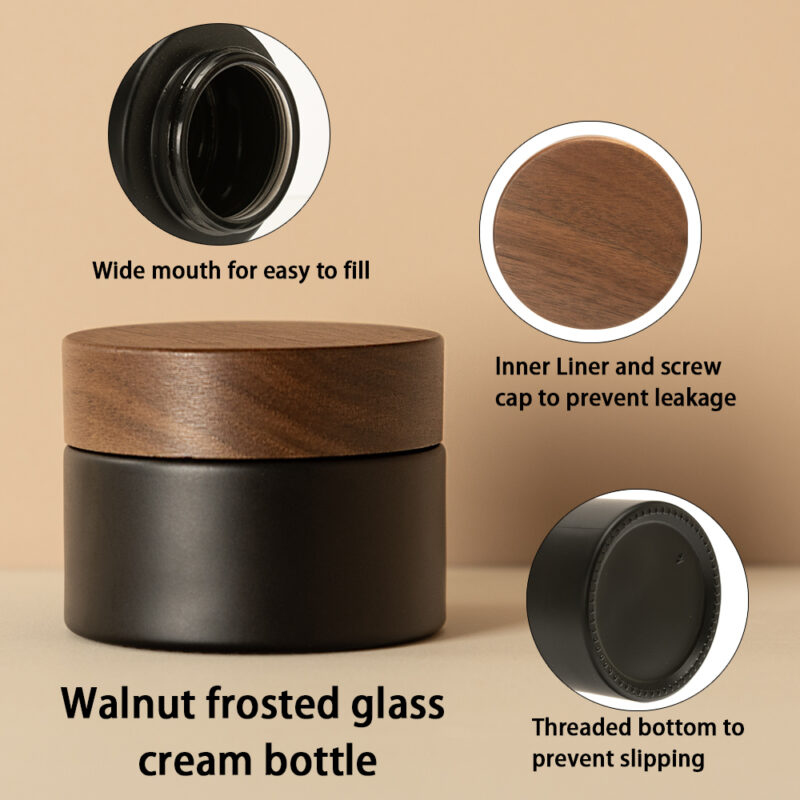 Mat Black 30ml-50ml Flat Glass Cream Jars With Wooden Screw Cap for Powder/Ointment Storage and Face Cream Use - Image 5