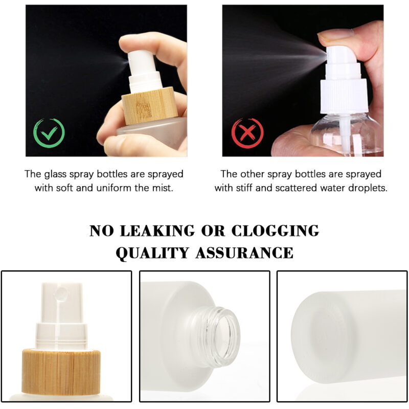 High Quality Frosted Glass Spray Bottle 30/60/100ml Bamboo Lid With Roll Cap & Fine Mist Screen Printed Surface in Stock - Image 5