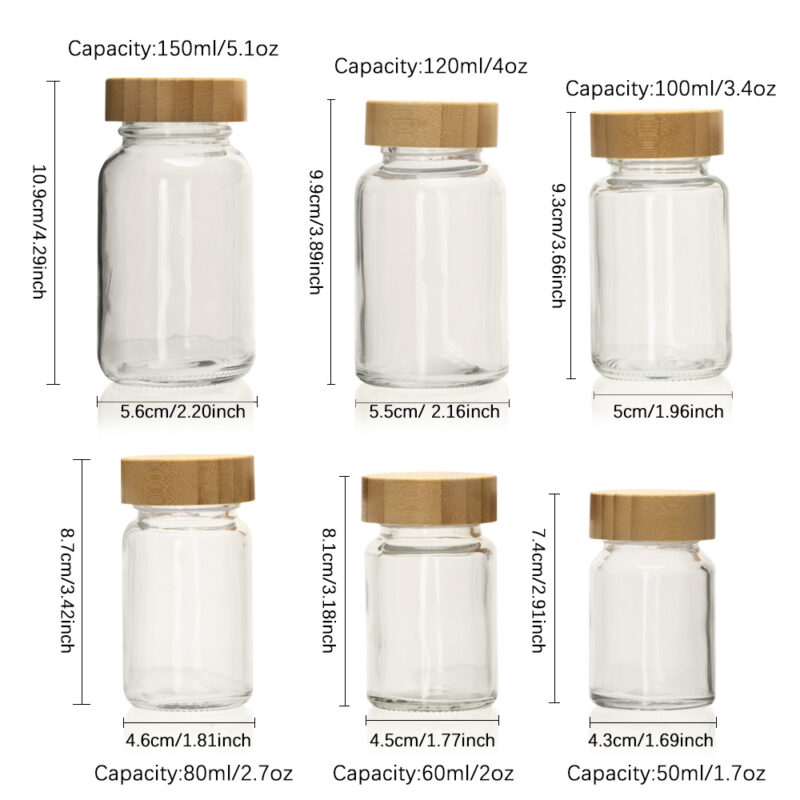 Multiple Sizes 50/60/80/100/120/150ml Glass Storage Jar With Bamboo Screw Lid Flat Shape for Food Medicine Spices Etc - Image 7